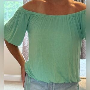 Arden B Off the Shoulder Top Blouse Green Mint Ruched Rayon Lycra Cinched